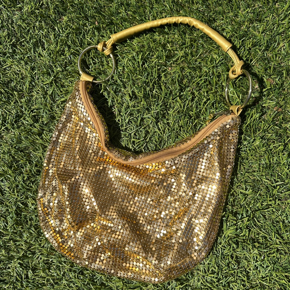 Y2K Shiny Gold O-Ring Slouchy Chainmail Zipper Pull Handbag Shoulder Purse - Picture 6 of 9